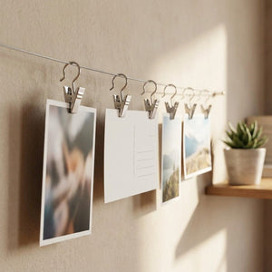 Photos et cartes postales suspendues à un fil grâce à des pinces métalliques sur un mur clair