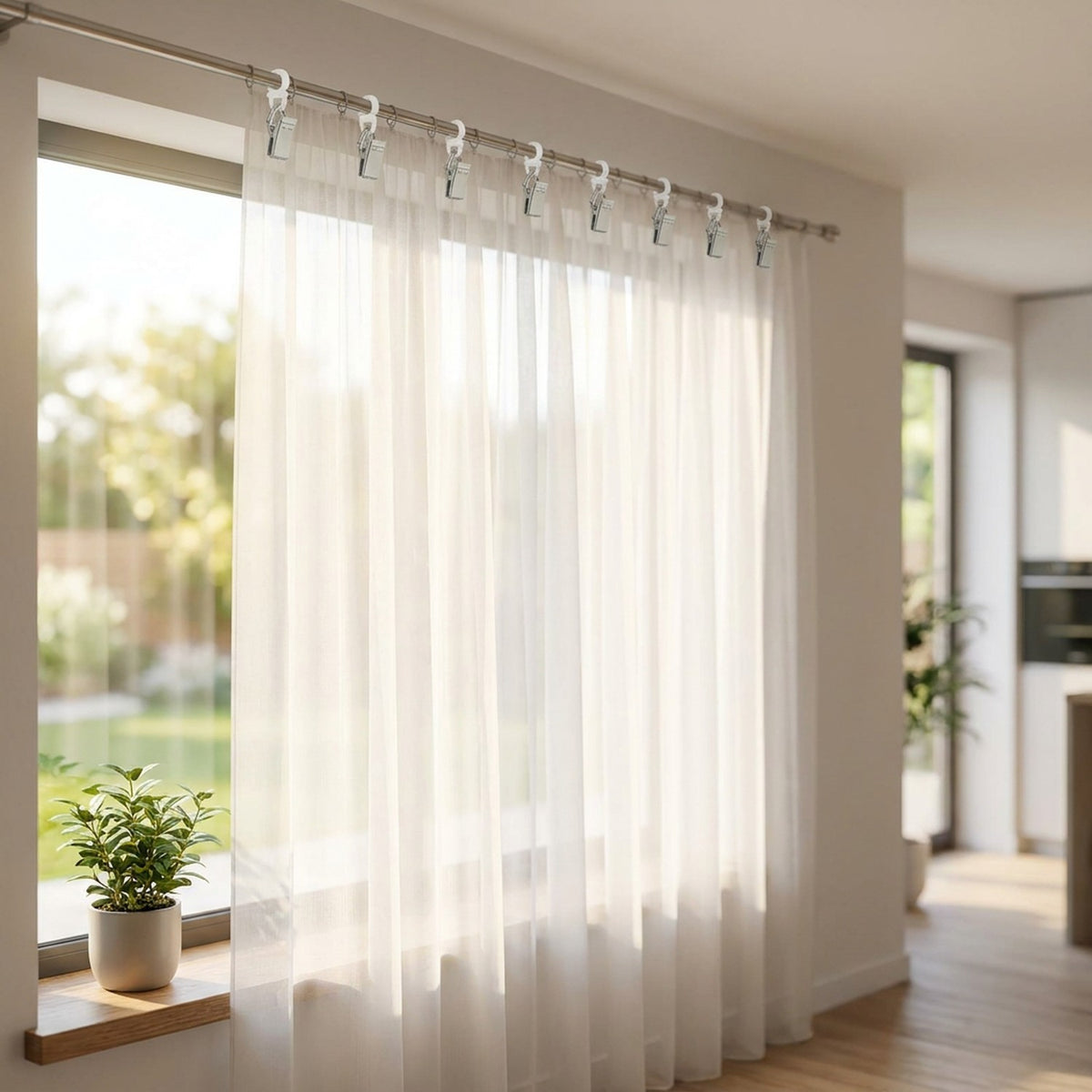 Rideau voilage blanc suspendu par des pinces métal le long d'une grande fenêtre lumineuse