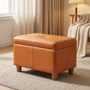 Pouf coffre de rangement en similicuir orange, vue produit