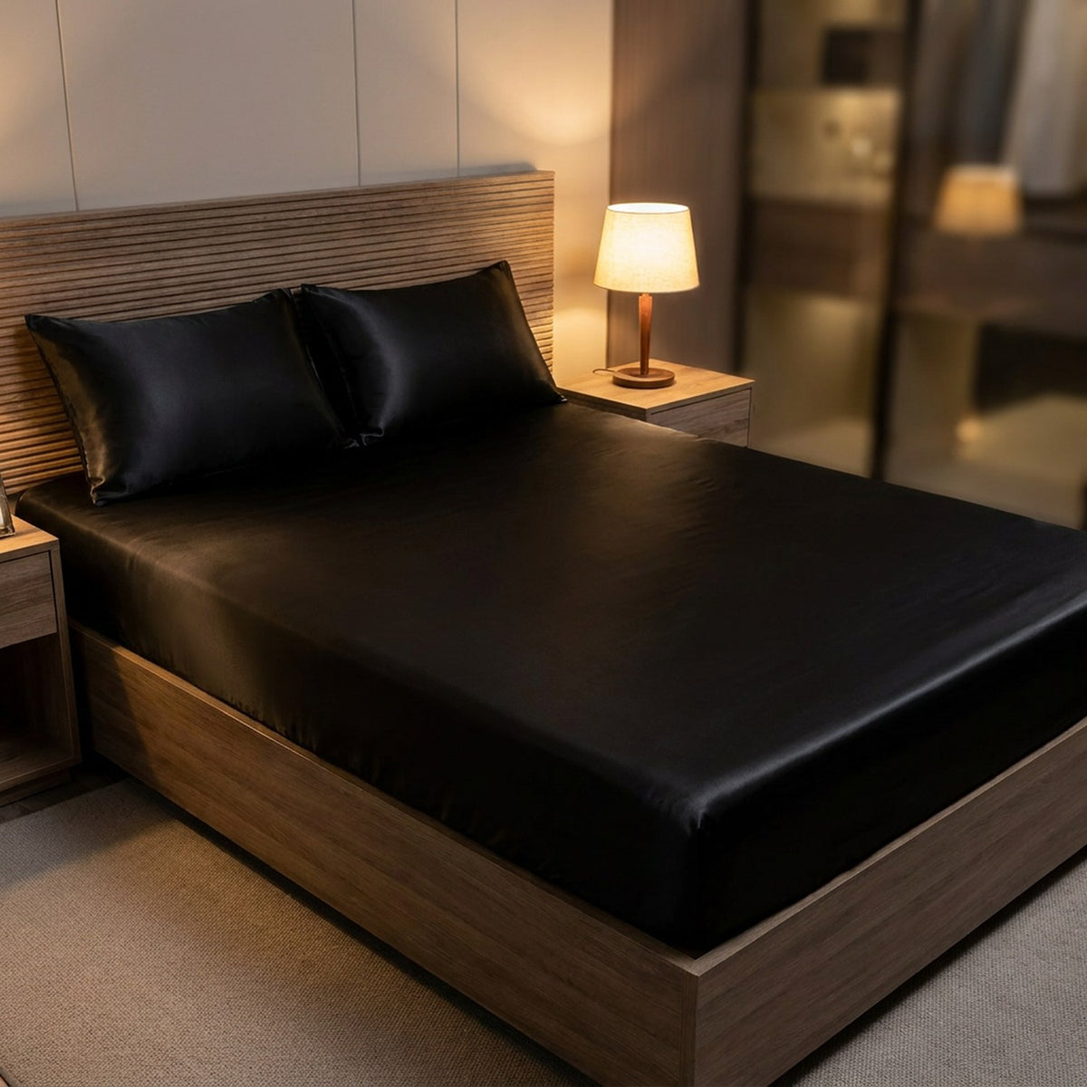 Drap housse en satin noir dans une chambre moderne avec lampe de chevet allumée
