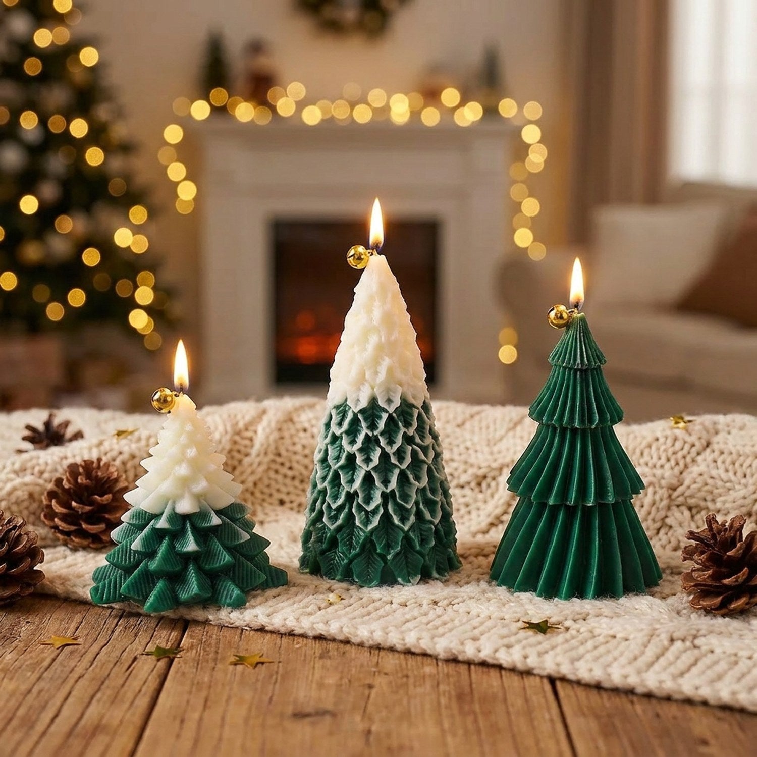 Trois bougies sapin de Noël allumées sur une table en bois près d'une cheminée
