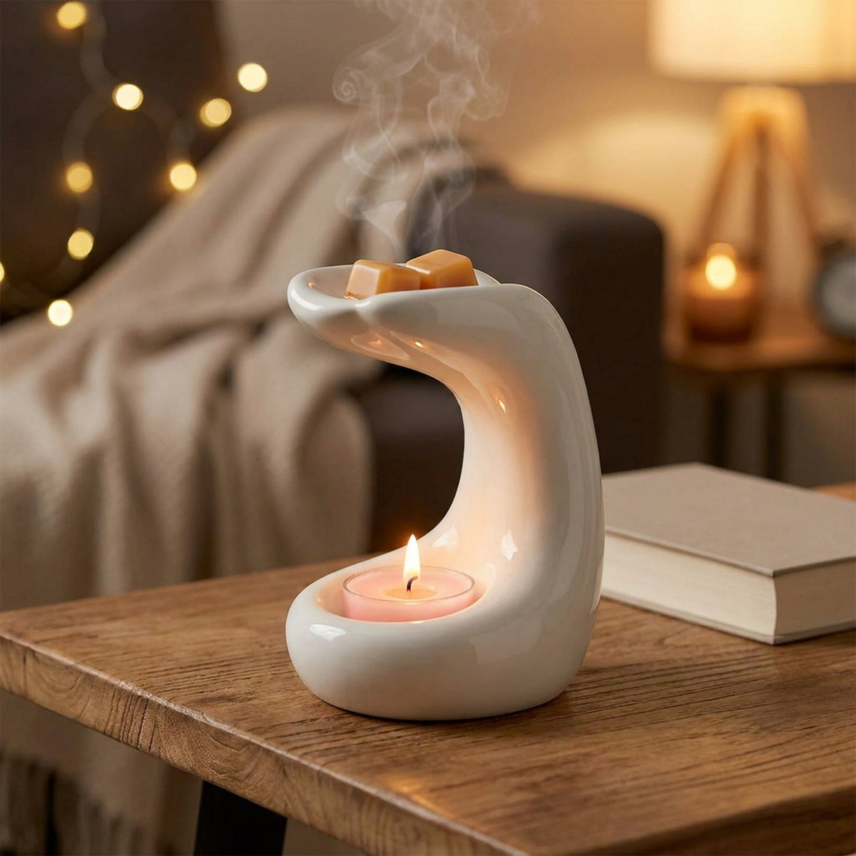 Brûle-parfum en céramique blanche avec des fondants dans la coupelle et bougie allumée sur une table basse en bois
