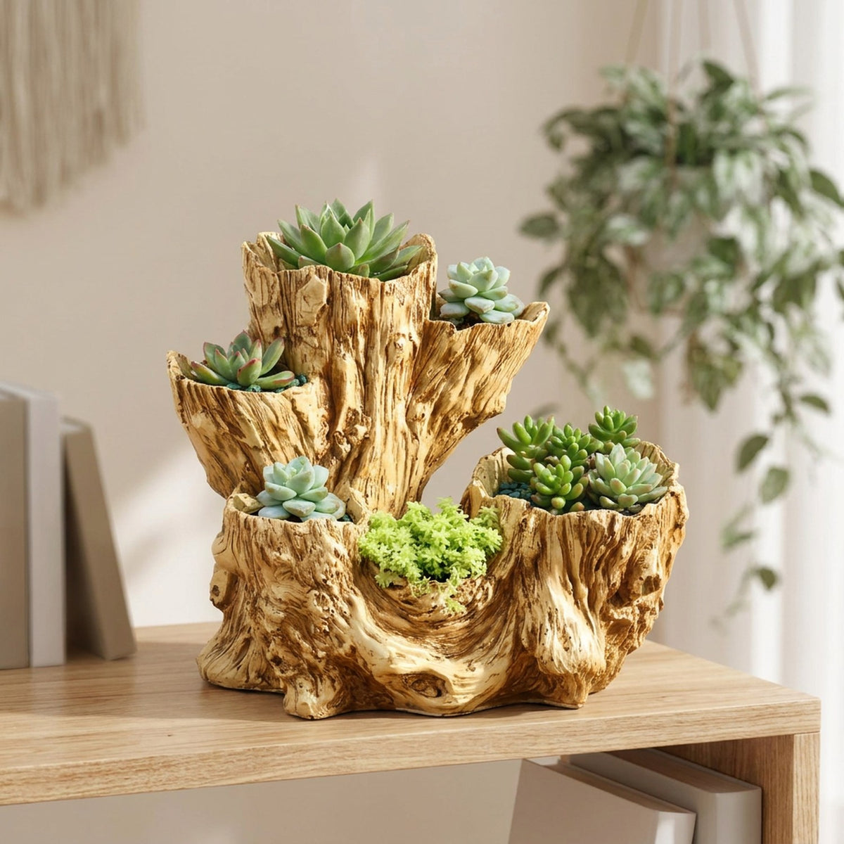 Pot succulentes tronc d'arbre sur une étagère dans un salon bohème lumineux