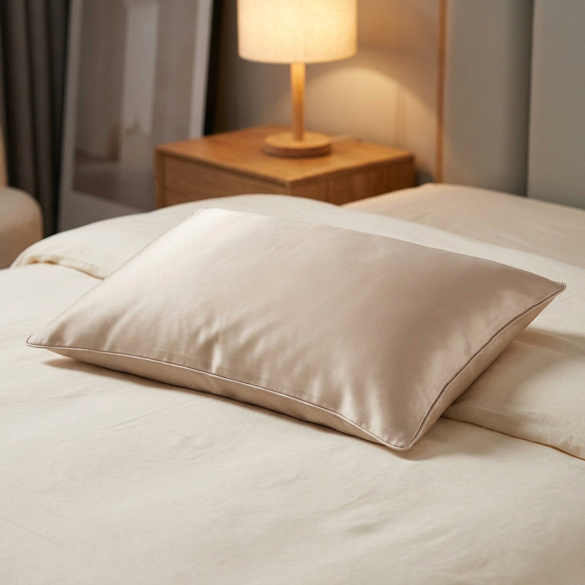 Taie d'oreiller en soie beige sur un lit dans une chambre moderne avec table de chevet