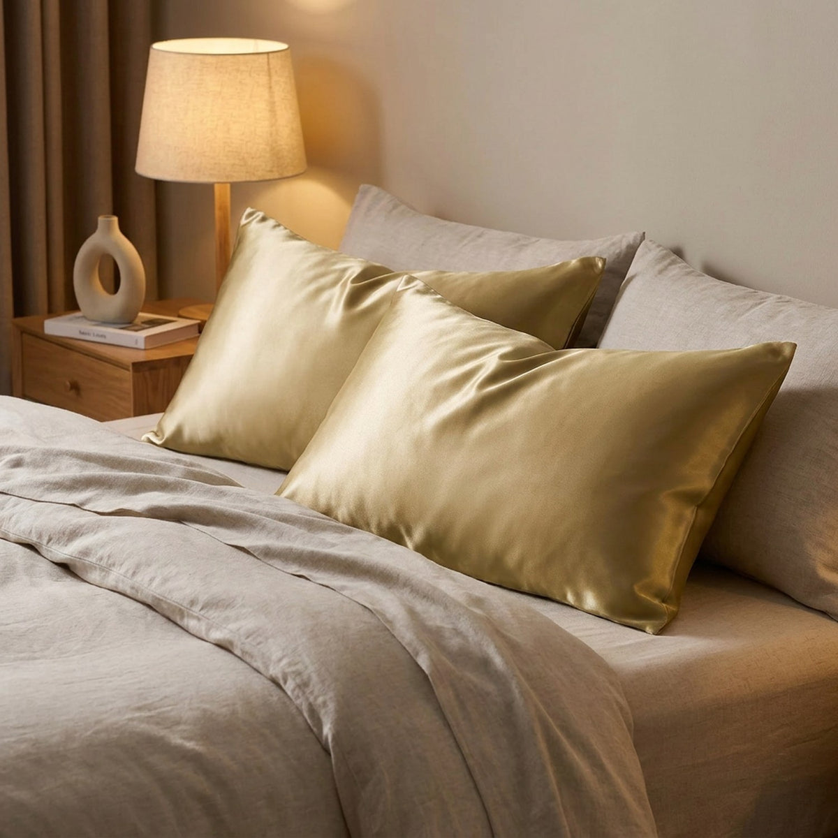 Deux taies d'oreiller en satin doré sur un lit avec table de chevet en bois
