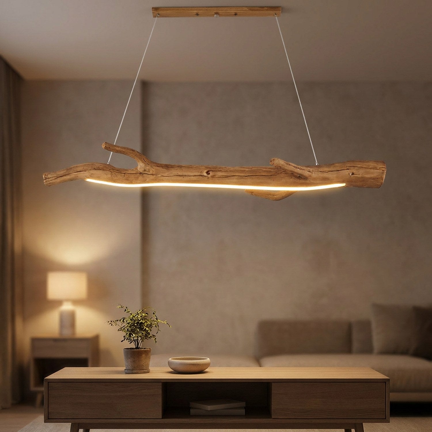 Lustre en résine noire imitant une branche allumé au dessus d'une table à manger en bois dans une salle chaleureuse