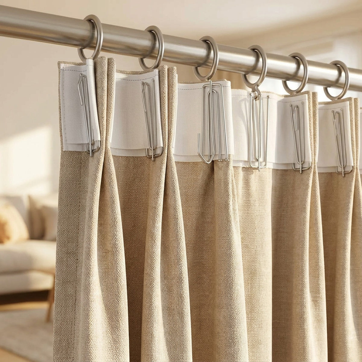 Rideau beige à plis pincés suspendu à une tringle avec des crochets à plis en métal