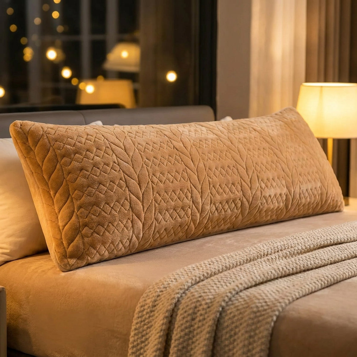 Housse de traversin peluche couleur caramel sur un lit avec lampe de chevet allumée le soir