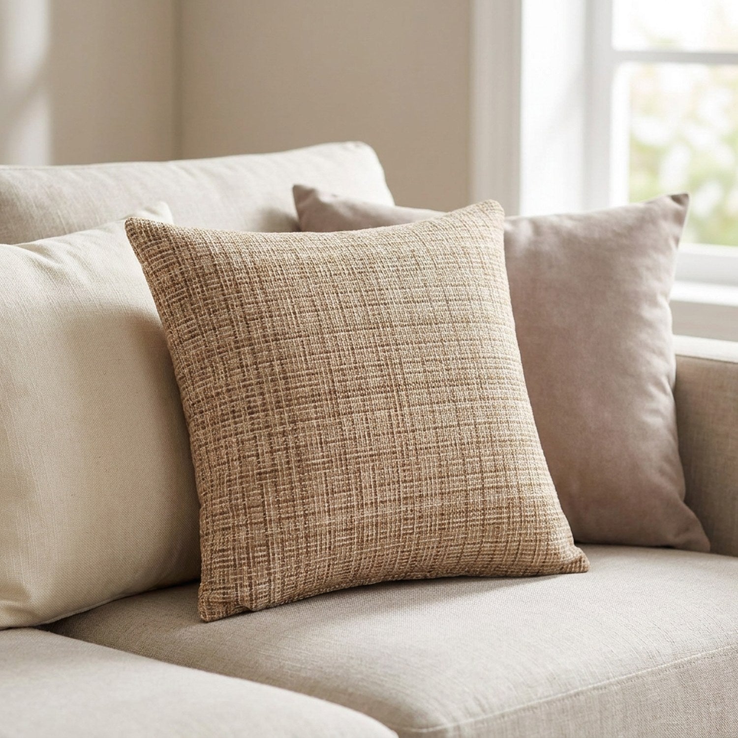 Housse de coussin beige tissée posée sur un canapé en lin dans un salon lumineux