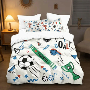 Parure de lit football enfant motif trophée et écharpe sur un lit dans une chambre