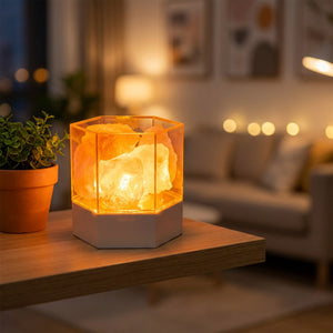 Lampe de sel hexagonale sur une étagère de salon avec une plante verte