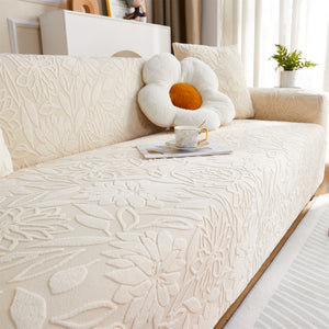 Housse de canapé jacquard beige installée