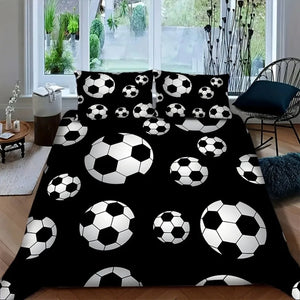 Housse de couette football noire près d'une baie vitrée donnant sur un jardin