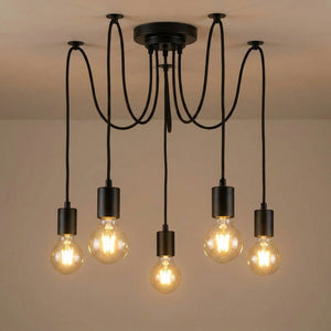 Lustre araignée modèle 5 lampes en métal noir avec ampoules à filament
