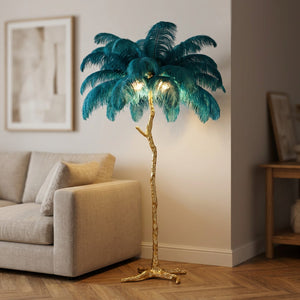 Lampadaire en plumes d'autruche bleu paon sur pied branche doré