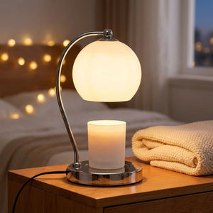 Lampe chauffe-bougie blanche au globe en verre allumée sur une table