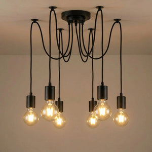 Lustre araignée modèle 6 lampes en métal noir avec ampoules à filament