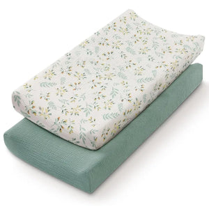 Housse de matelas à langer imprimé fleurs vertes et housse vert sauge