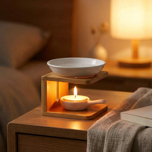 Brûle-parfum en bambou et céramique allumé sur une table de chevet le soir