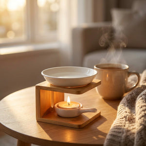 Brûle-parfum en céramique et bambou allumé sur une table basse près d'une tasse de thé