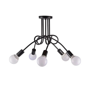 Lustre rétro 5 bras noir mat avec ampoules E27 blanches vue de face