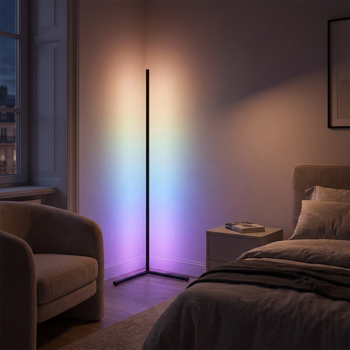 Lampadaire RGBIC dans une chambre avec lumière arc-en-ciel