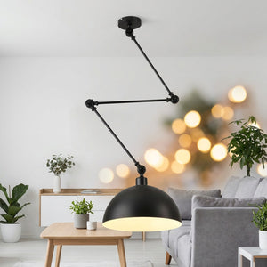 Lampe suspension en aluminium design nordique à bras réglable suspendue au plafond dans un salon moderne allumée
