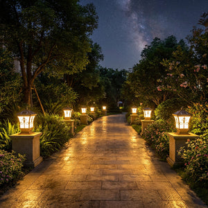 Allée jardin éclairée lanternes solaires nuit