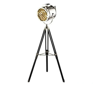 Lampadaire projecteur argenté chromé trépied métal noir
