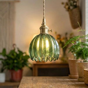 Suspension verre floral torsadé vert art déco