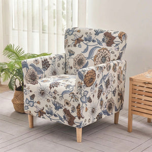 Fauteuil club housse motif fleurs bohèmes bleu et marron