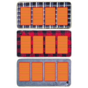 Trois coussins chauffants pliables à 3 niveaux de température avec motifs variés, montrant les zones de chauffage réparties sur toute la surface.