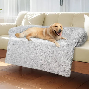 Un chien allongé confortablement sur un coussin chien confortable effet fourrure posé sur un canapé dans un salon lumineux avec sol en bois.