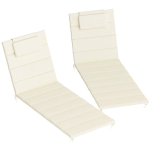 Deux coussins extérieur chaise longue design épuré de couleur beige clair, avec segments matelassés horizontaux et repose-tête intégré, posés à plat sur fond blanc.
