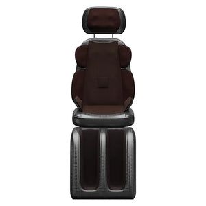 Un coussin massant relaxant pour dos et jambes installé sur un siège avec appui-tête et repose-jambes, conçu pour offrir un massage relaxant du dos jusqu’aux jambes.