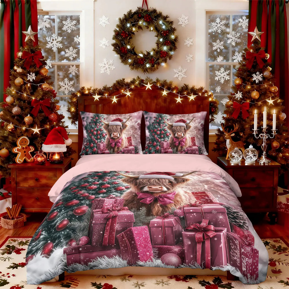 Parure de lit noël motif vache des Highlands