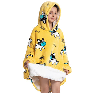 Pull plaid enfant oversize à capuche, doux et chaud, coupe ample avec poche kangourou, idéal pour garder les enfants bien au chaud à la maison.