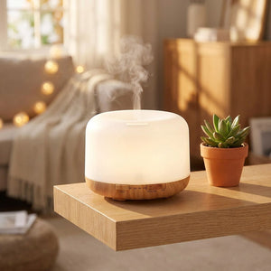 Diffuseur d'arôme 500ml bois LED sur étagère en situation