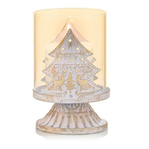 Bougeoir photophore Sapin de Noël en verre et métal blanc doré