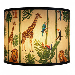 Abat-jour bambou cylindrique modèle Savane motif safari girafes oiseaux tropicaux fond beige