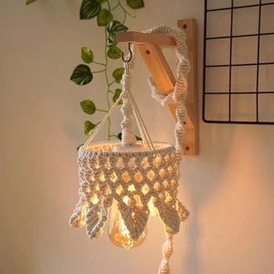 Abat-jour macramé ampoule Edison support mural bois