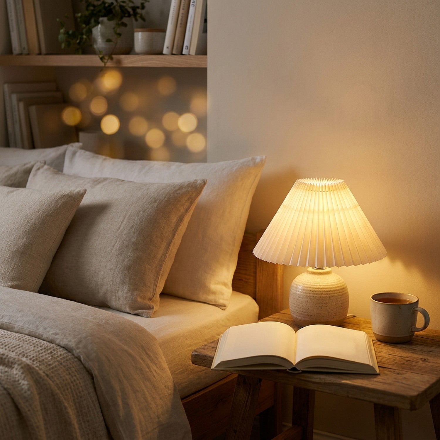 Abat-jour plissé japonais sur lampe de chevet allumée dans une chambre cosy avec livre et tasse de thé