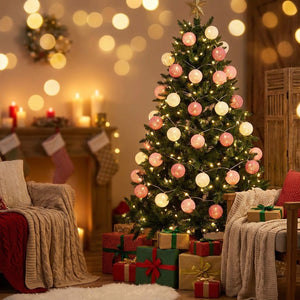 Guirlande boules de coton LED rose sur sapin de Noël ambiance cosy
