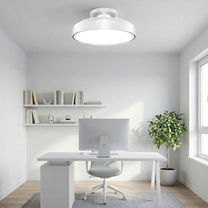 Plafonnier LED sans pale avec ventilateur intégré dans un bureau home office moderne