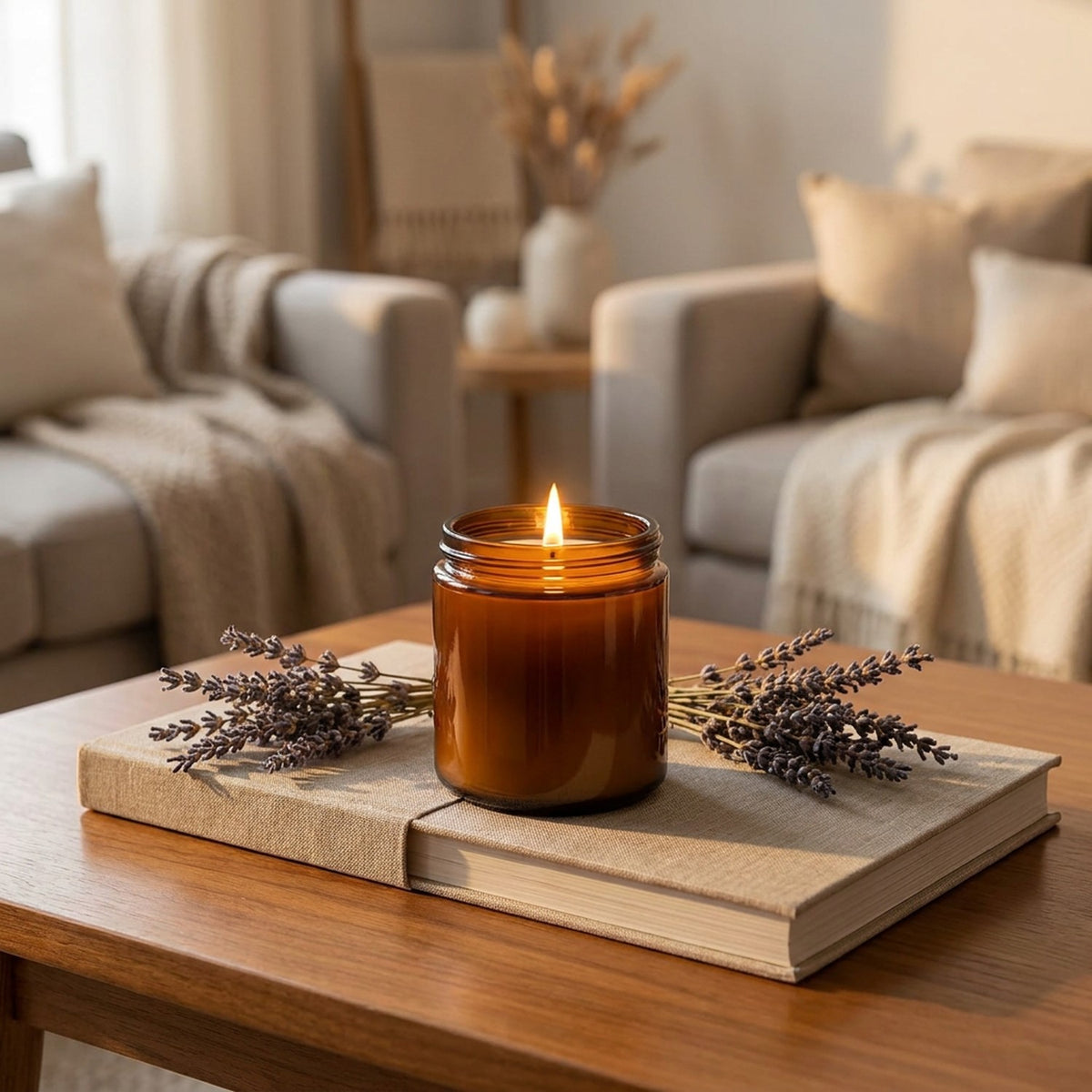 Bougie lavande cire de soja allumée décor salon naturel