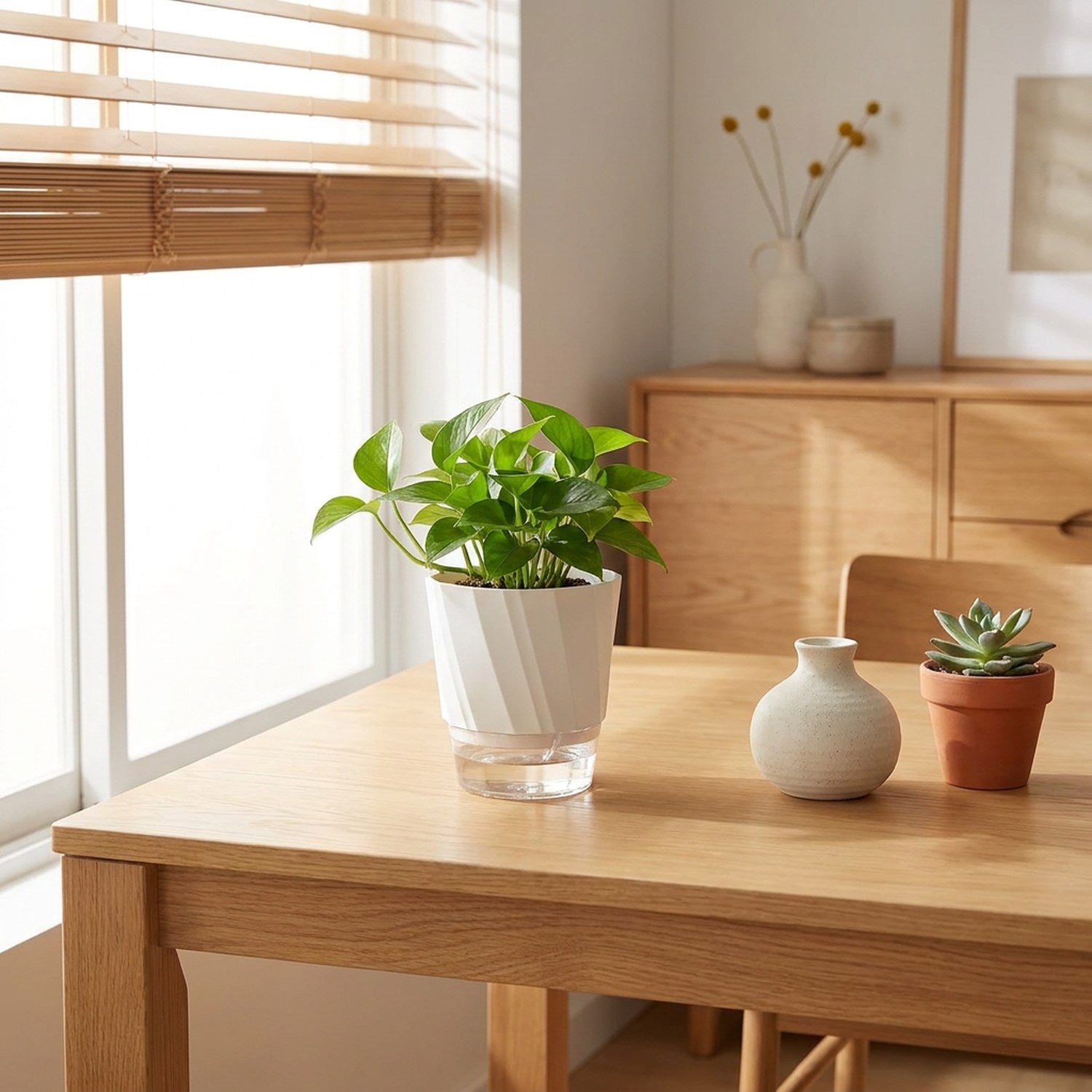 Pot auto-arrosage blanc avec pothos sur table en bois intérieur scandinave