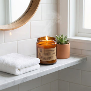 Bougie zen allumée sur étagère salle de bain bien-être