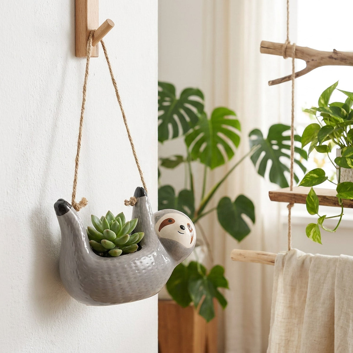 Cache-pot céramique paresseux gris sur crochet mural bois dans salon scandinave