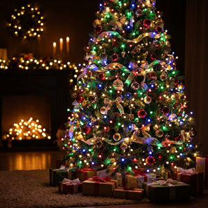 Guirlande lumineuse LED de Noël multicolore sur sapin décoré dans salon chaleureux