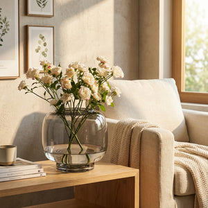 Vase bulle en verre fumé transparent avec roses blanches ambiance salon